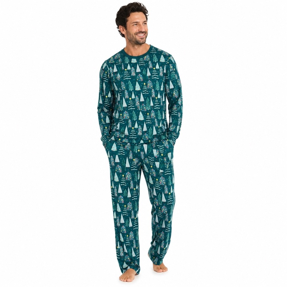 Little Sleepies Mens Small Bamboo Viscose Pajama Set Vintage Tree Teal Christmas